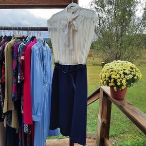 Vintage cream striped bow-neck top with navy skirt dress